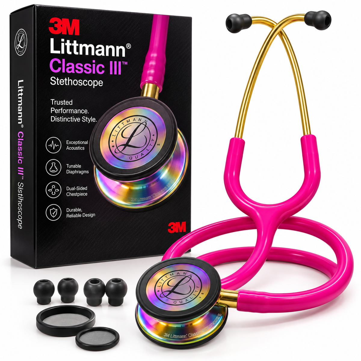 3M™ Littmann® Classic III™ Stethoscope – Pink Tube, Gold Binaurals & Rainbow Finish