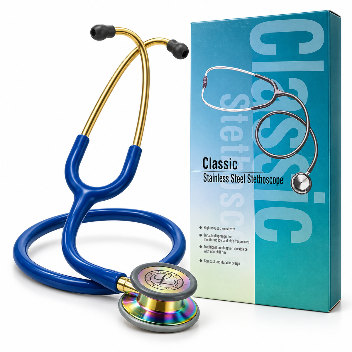 3M Littmann Classic III Stethoscope – Blue Tubing, Gold Binaurals & Rainbow Chestpiece