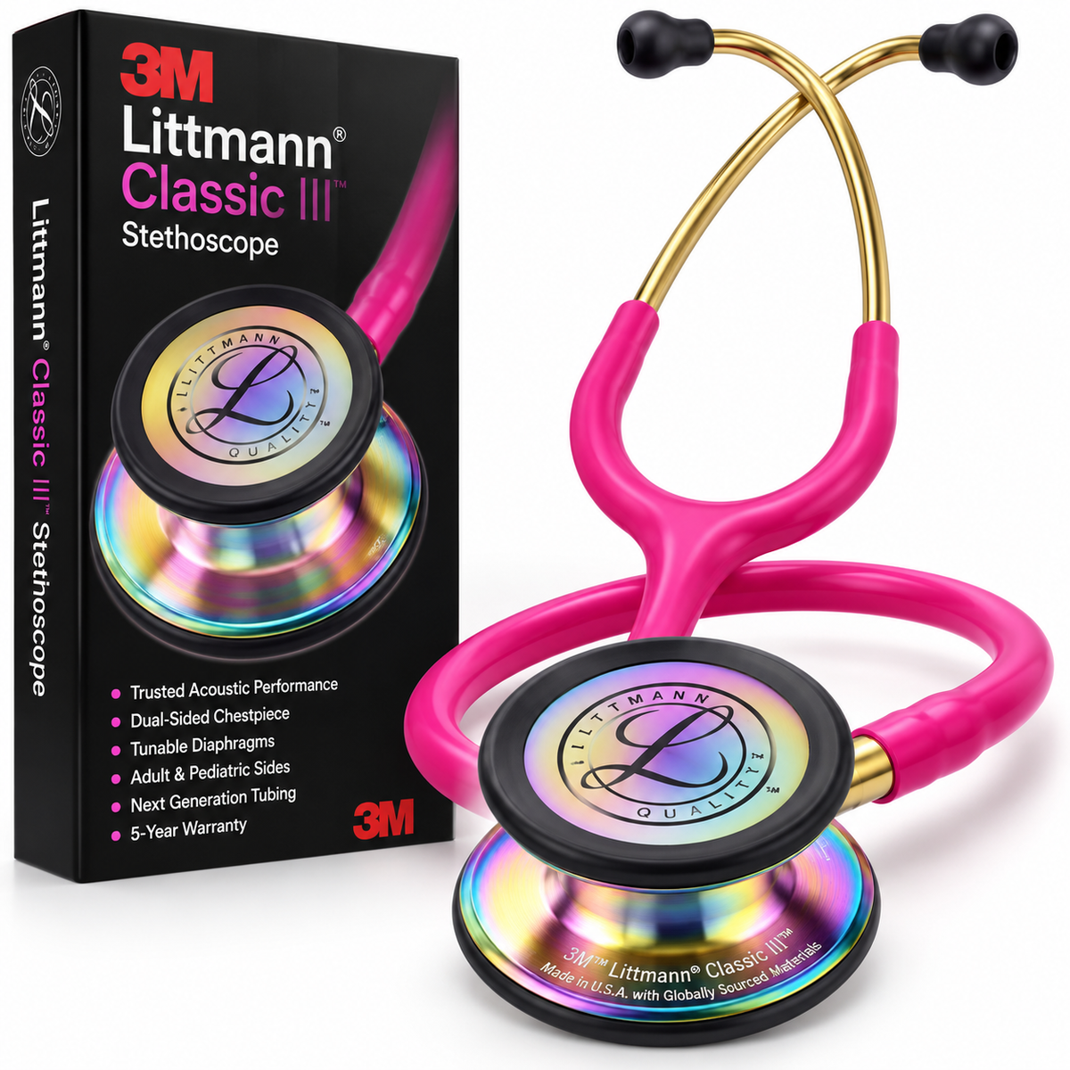 3M™ Littmann® Classic III™ Stethoscope – Pink Tube, Gold Binaurals & Rainbow Finish